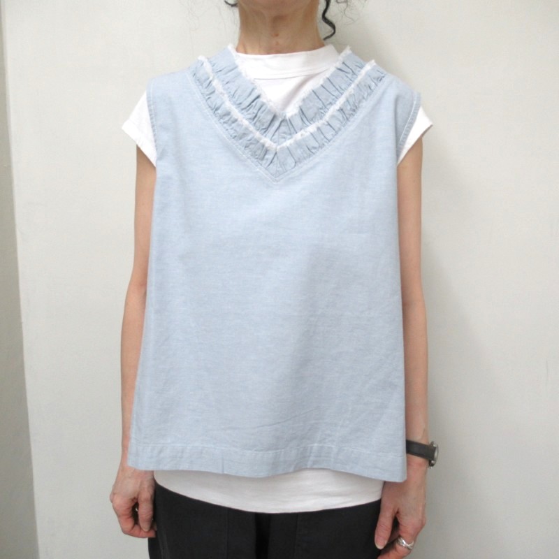 LAITERIE  綿麻スラブデニムフリルベスト /SAX70